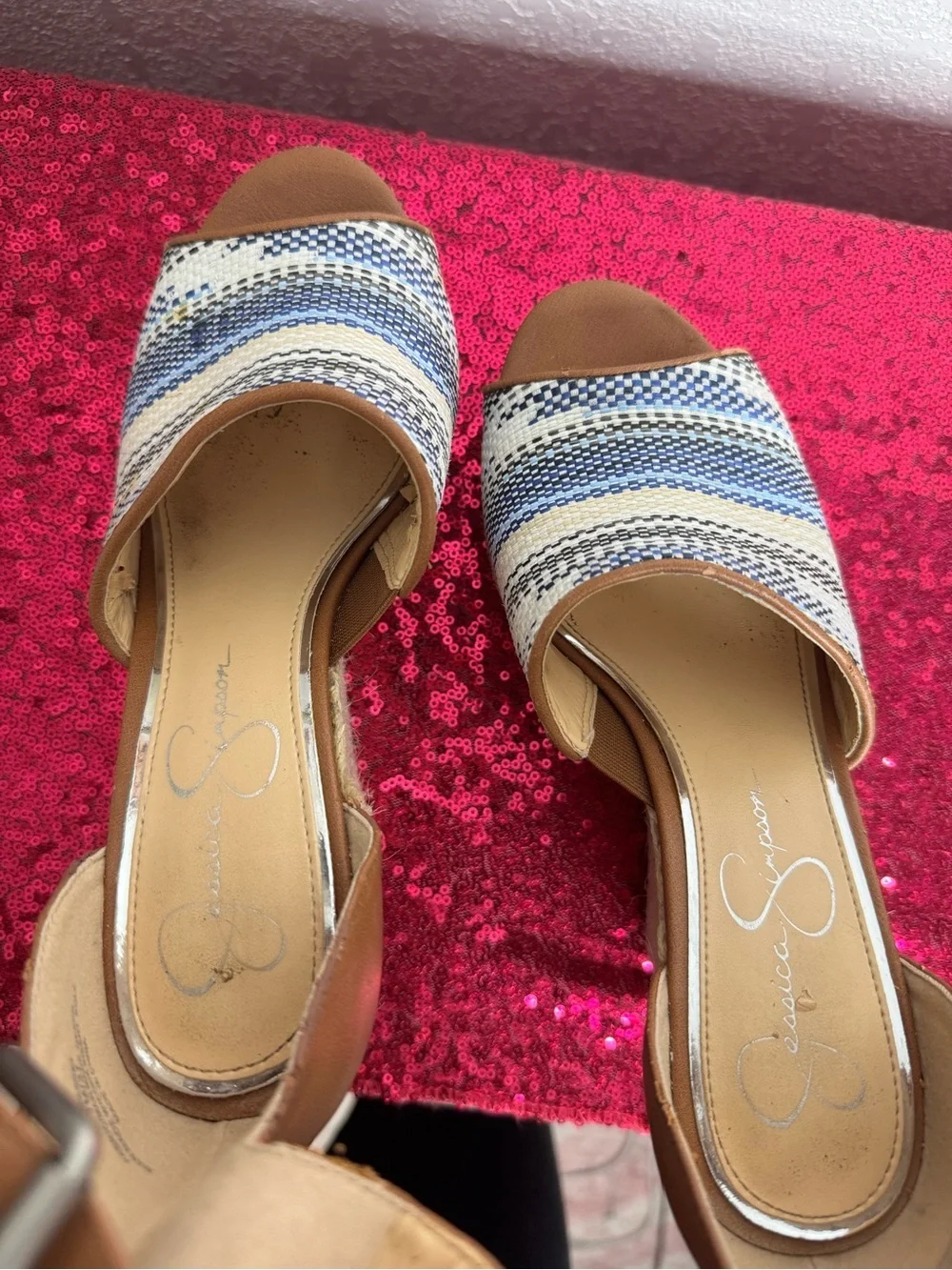JESSICA SIMPSON 🩵 Tan & Blue Woven Espadrille Wedge Sandals (Women’s Size 7)